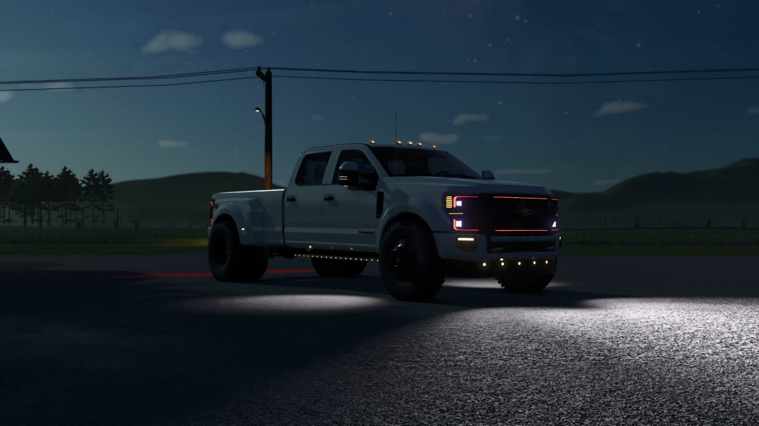 Modded Ford F450 Platinum truck in Farming Simulator 25 at night, showcasing FS25 mods with detailed lighting.
