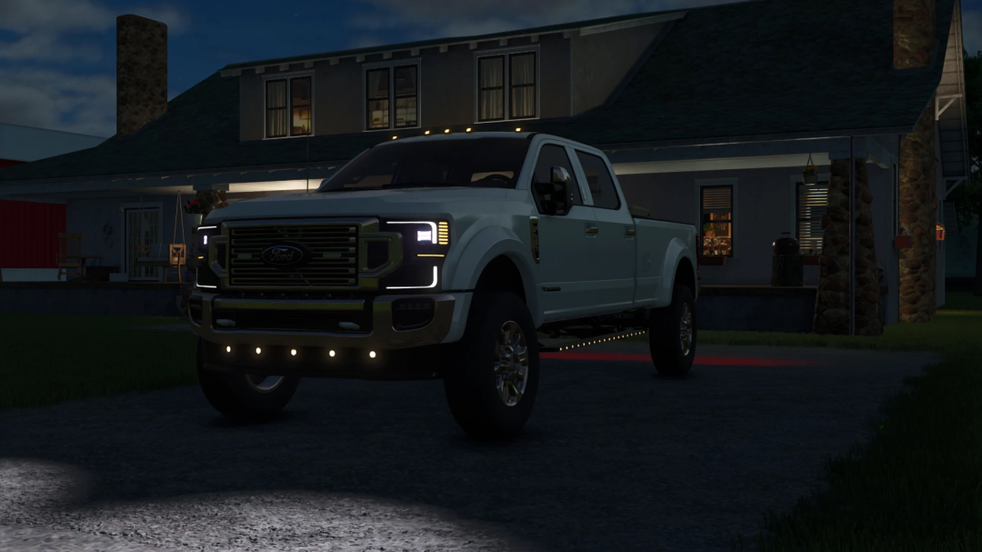 Night shot of a Ford F-450 Platinum mod in Farming Simulator 25, showcasing realistic headlights and lighting effects.