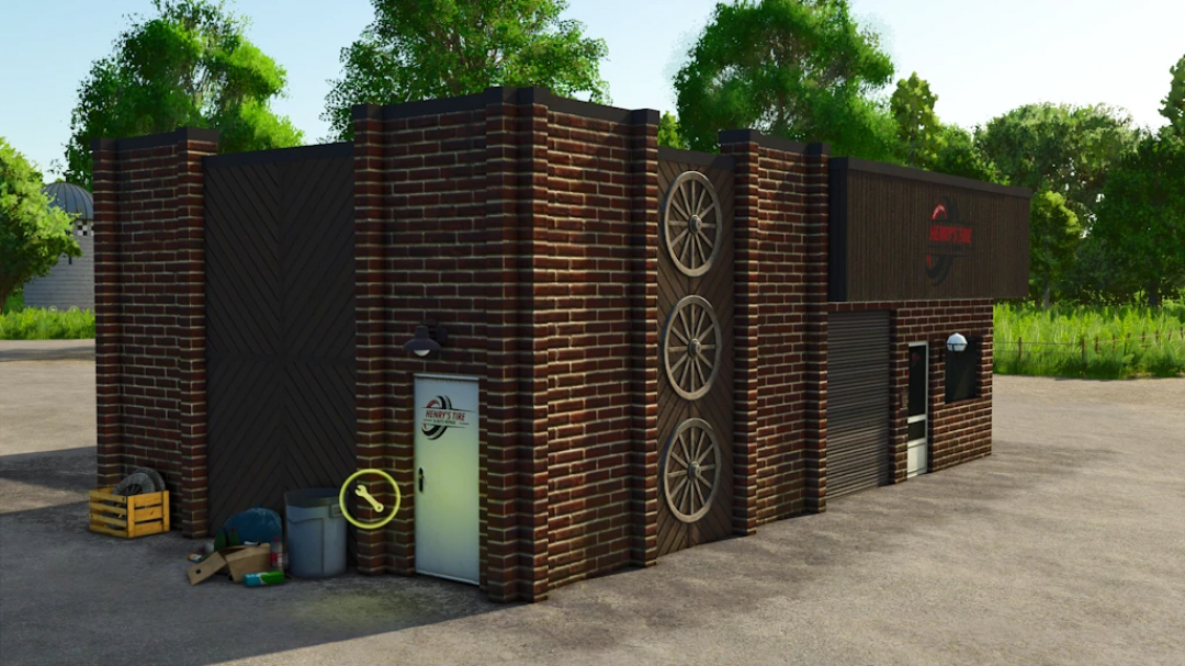 Farming Simulator 25 mod showing a brick tire shop with wooden wheels decoration, tools, and storage area, part of the FS25 Henrys Tire v1.0.0.0.