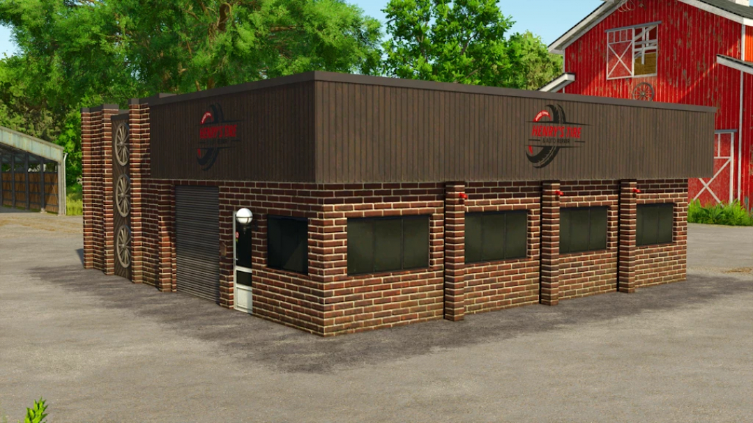 Farming Simulator 25 mod: storefront with brick walls and tires display, part of FS25 Henry's Tire v1.0.0.0 mod, used in farming environments.