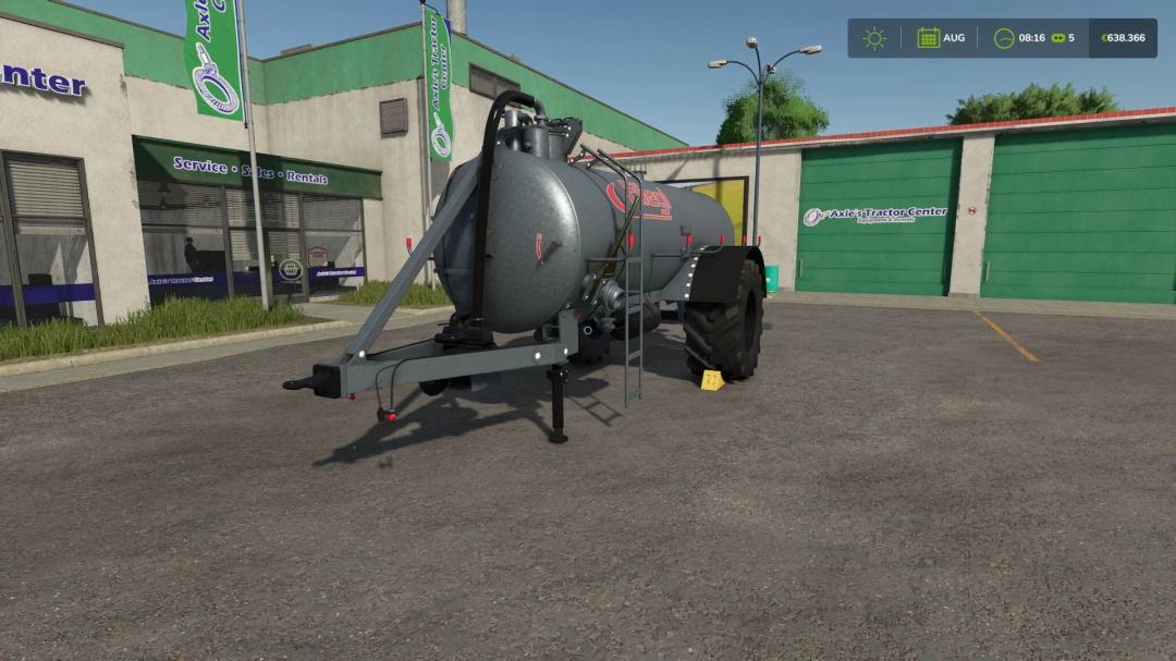 Farming Simulator 25 mod: Fliegl VFW 10600 tank trailer in front of Axle's Tractor Center.