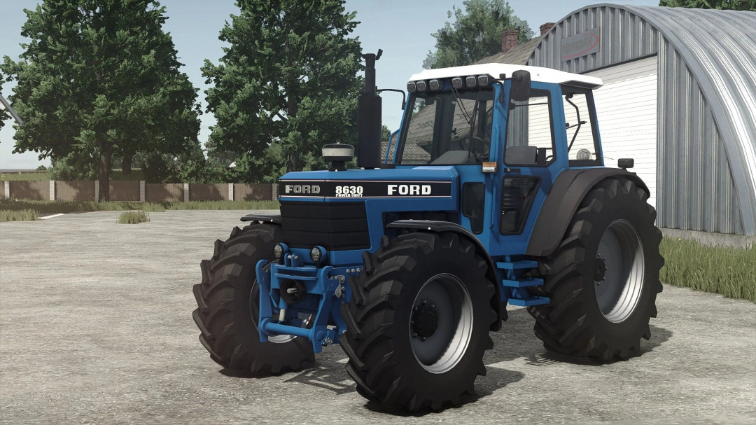 Farming Simulator 25 mod: Ford 8630 tractor with large tires, blue body, and detailed design, located outdoors near a barn.