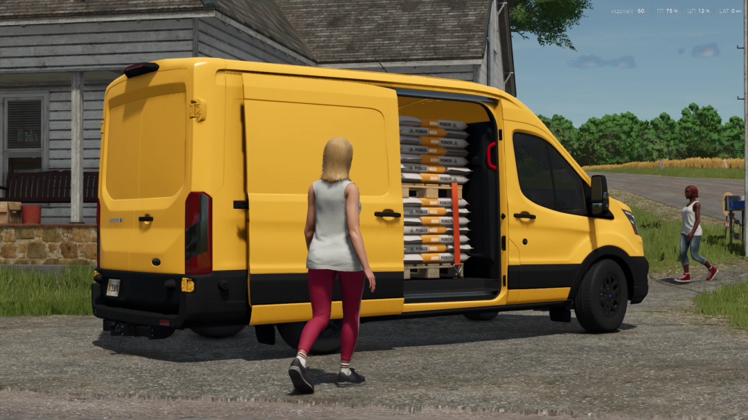 Farming Simulator 25 mod: Yellow Ford Transit MK8 van with open side door showing bags of seeds inside.