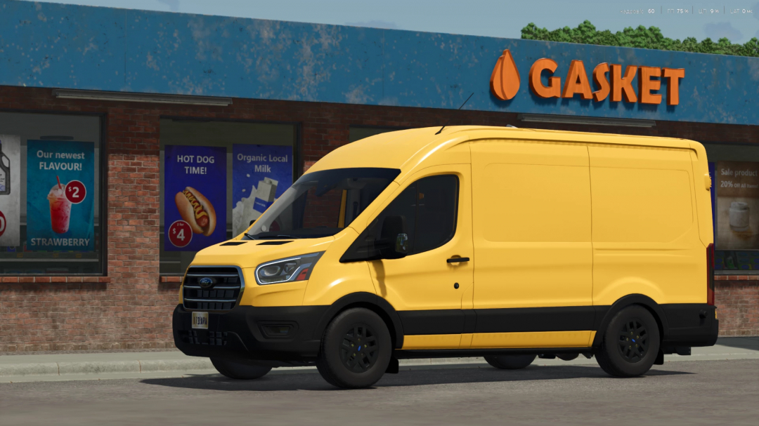 Yellow Ford Transit MK8 van parked in front of a Gasket store in Farming Simulator 25 mods.