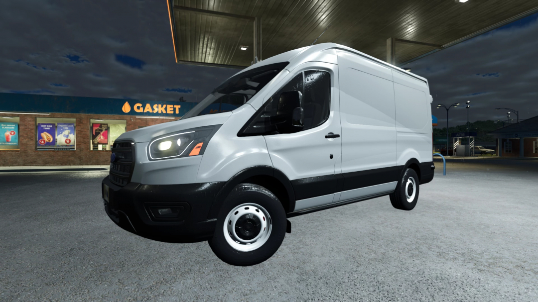 FS25 mod: White Ford Transit MK8 van parked at night in Farming Simulator 25.