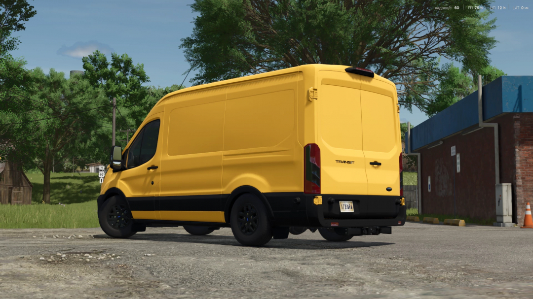 Yellow Ford Transit MK8 van mod in Farming Simulator 25, parked outdoors with trees and buildings in the background.