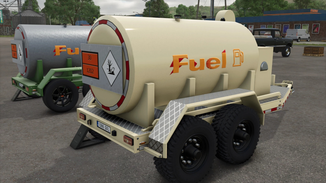 Farming Simulator 25 mod: Fuel Tank Trailer v1.0.0.0, a large tank trailer marked with hazard symbols for fuel, used in the game.