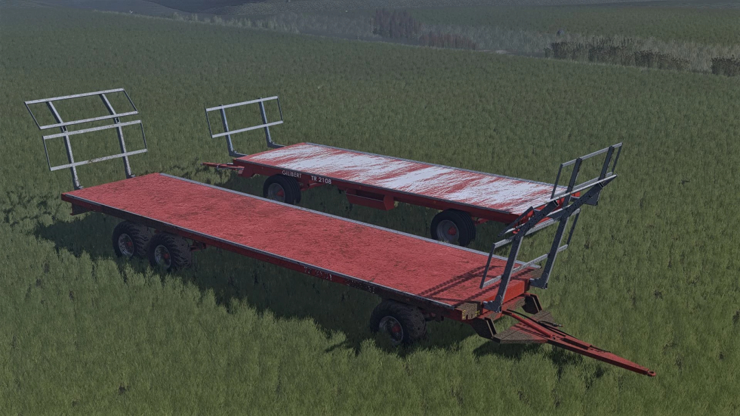 Farming Simulator 25 mods: Gilibert TR Pack v1.0.0.0 trailers on grassy field, realistic farming equipment.