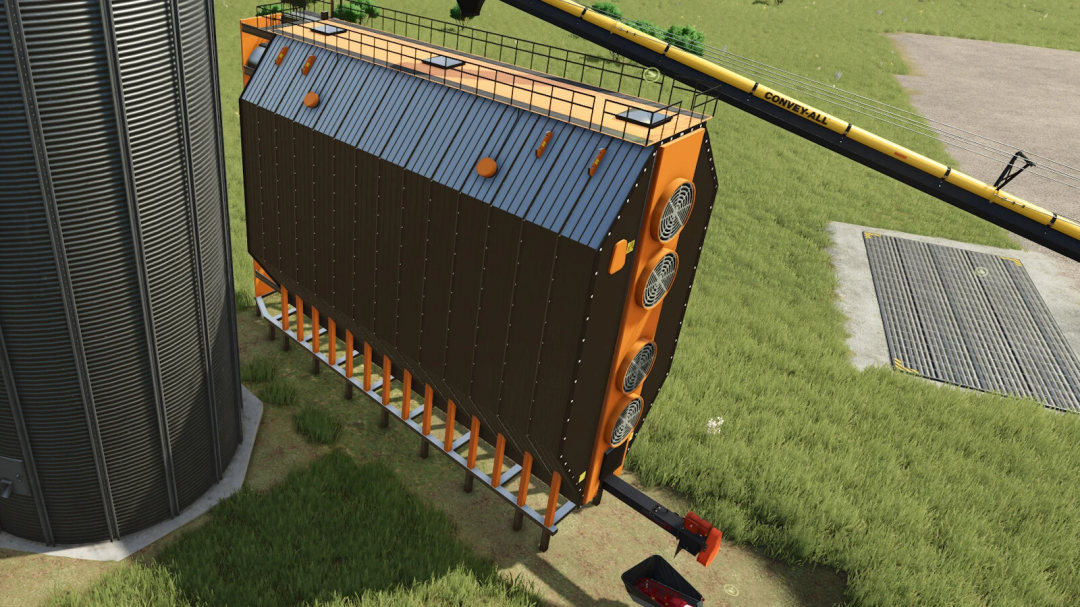 Farming Simulator 25 mod: Grain Dryer Production v1.0.0.0, showcasing a grain dryer with fans, attached to a conveyor system in a farm setting.