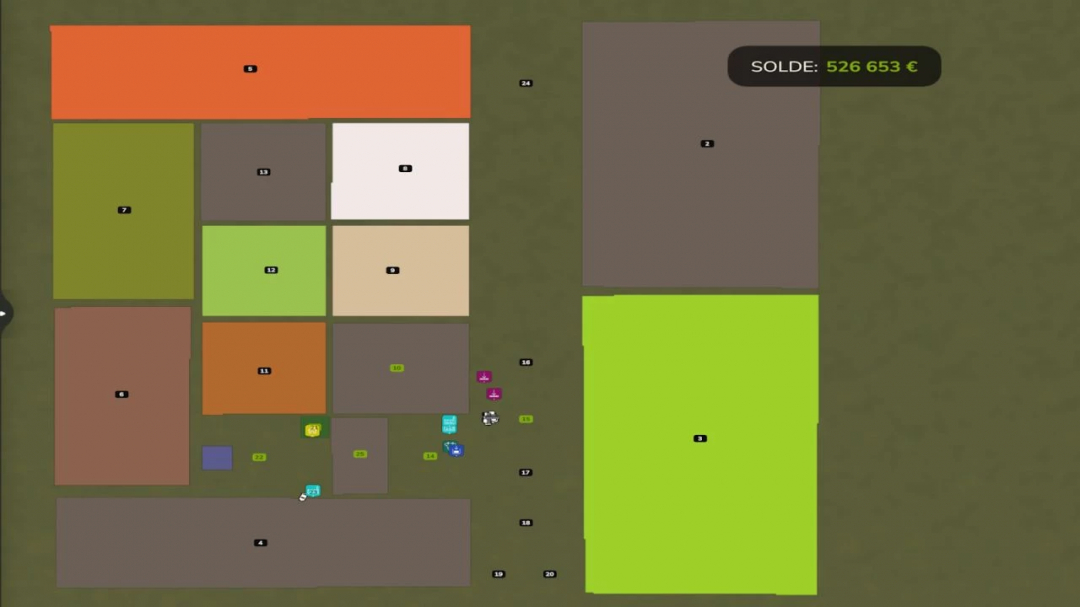 Map from Farming Simulator 25 mod Imagine Land 4x v1.2.0.0 showing various fields and equipment with a balance of €526,653, for FS25 mods.
