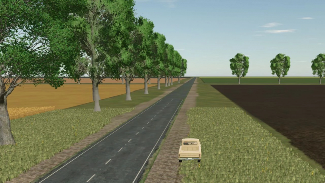 Imagine Land 4x v1.2.0.0 in Farming Simulator 25: scenic rural road with trees, fields, and a parked vehicle demonstrating the FS25 mods.