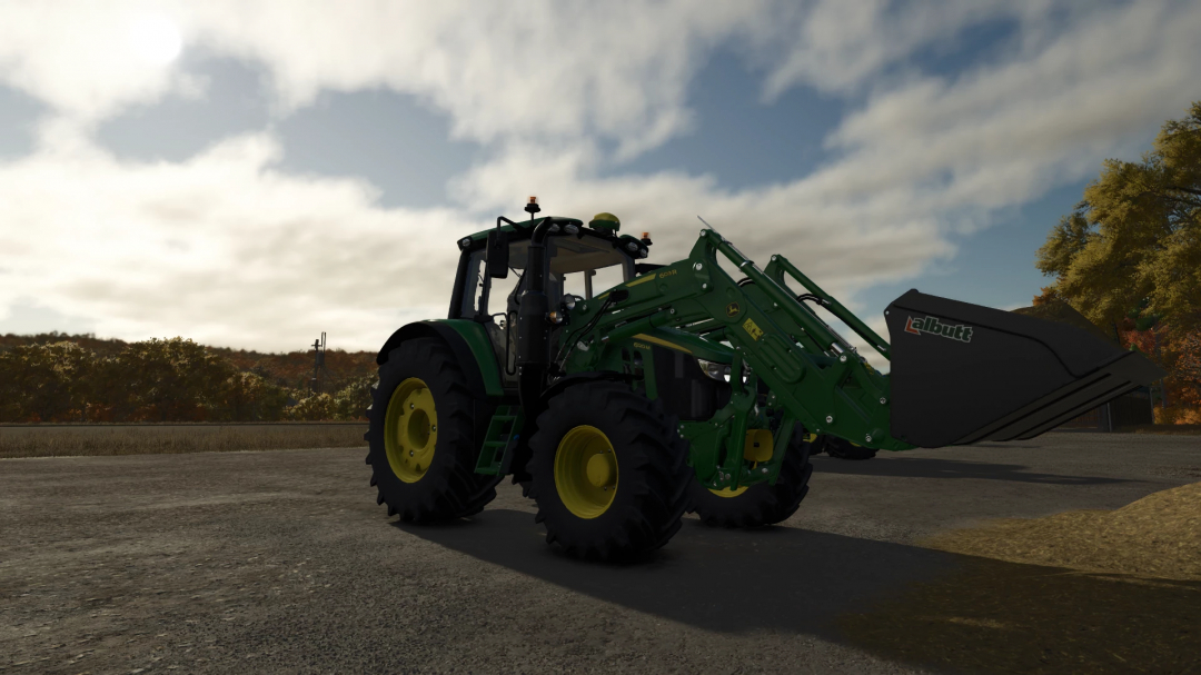 Farming Simulator 25 mod featuring a John Deere 6M tractor with FL 603R front loader, heavy-duty farm equipment, realistic farm scene.