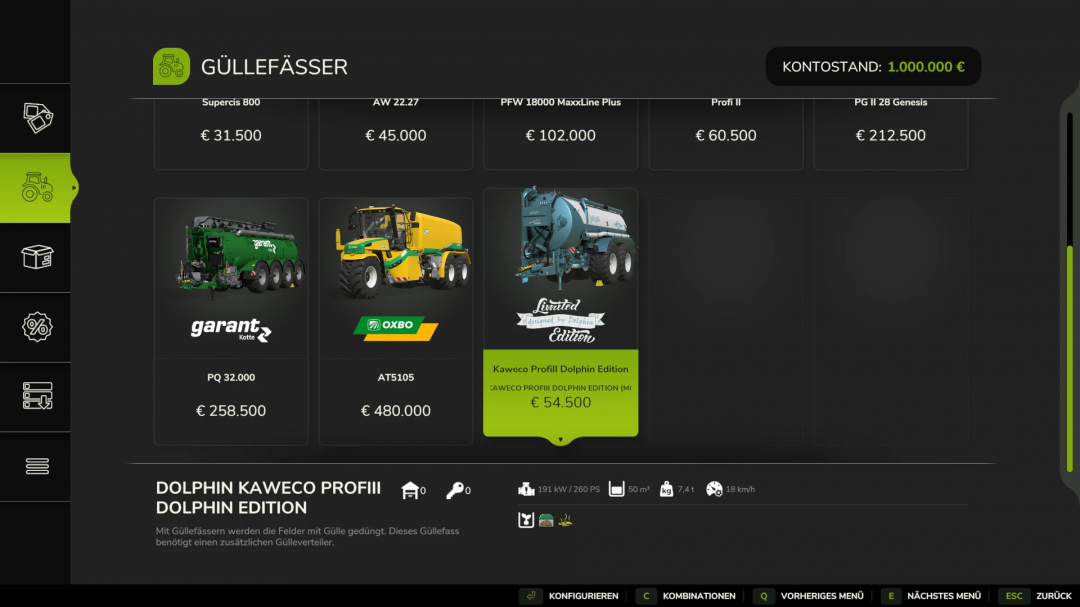 Screenshot from Farming Simulator 25 showing the Kaweco Pack Dolphin Edition mod selected, with equipment, prices, and game interface details.
