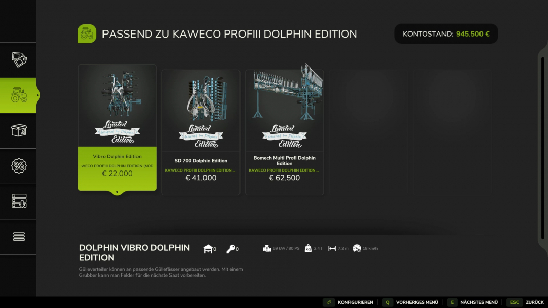 Farming Simulator 25 mod selection screen showcasing the Kaweco Pack Dolphin Edition, a farm equipment mod with prices and features.