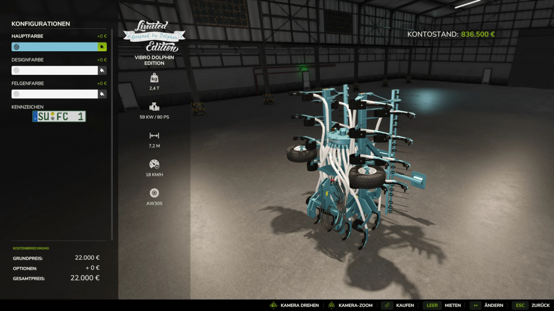 Farming Simulator 25 mod: Kaweco Pack Dolphin Edition virtual agricultural equipment with limited edition design, detailed in the game menu.