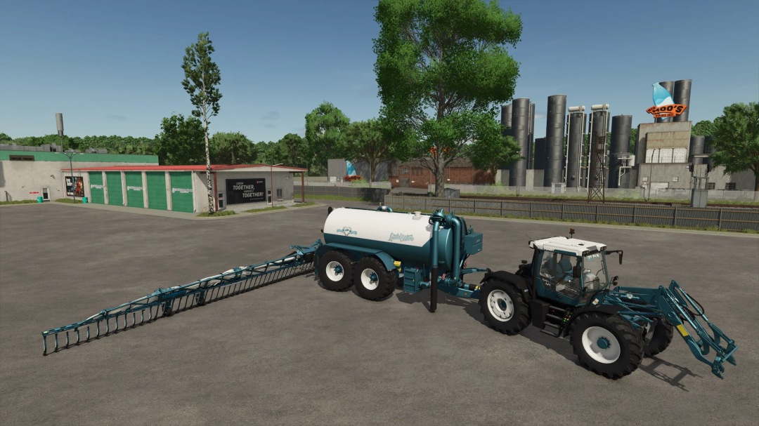 Farming Simulator 25 mod: Kaweco Pack Dolphin Edition v1.0.1.0 with a tanker trailer and spray boom for agricultural tasks.
