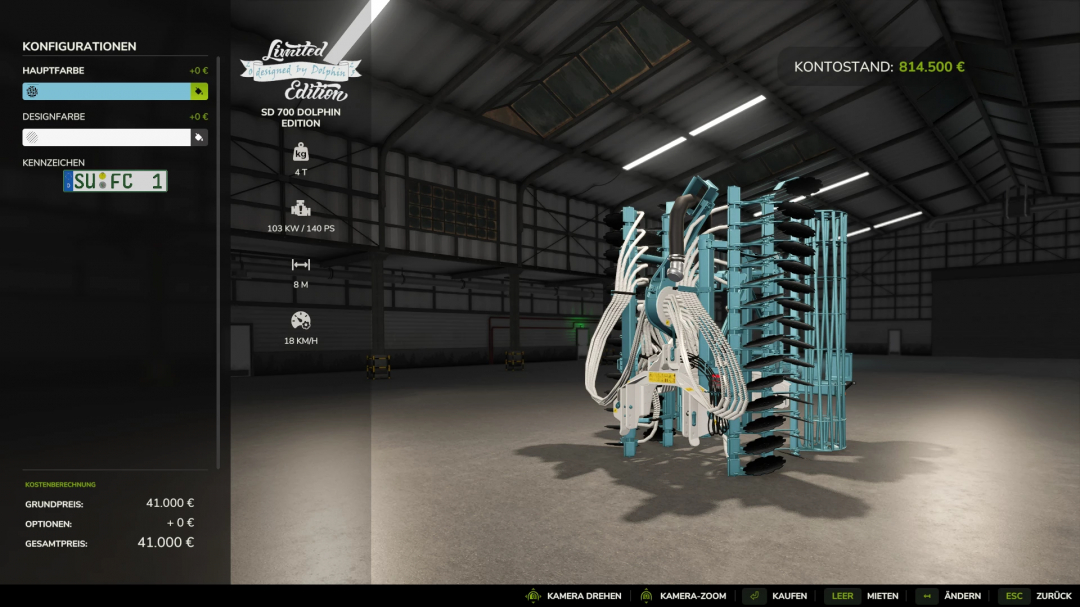 Farming Simulator 25 mod: Kaweco Pack Dolphin Edition SD 700 in a warehouse, equipped with hydraulic hoses, black tines, and blue frame, with customization options visible.