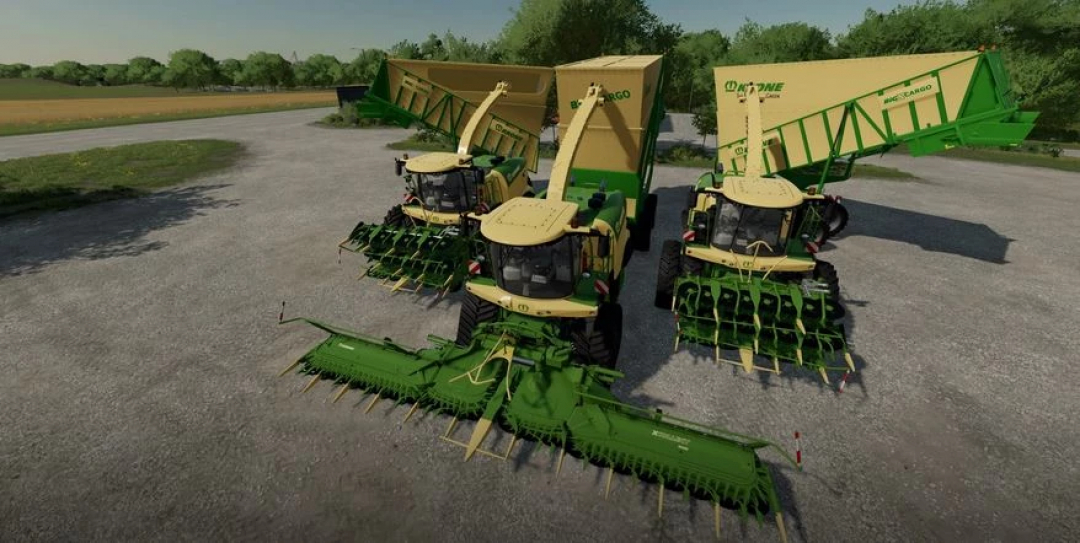Farming Simulator 25 mods featuring Krone Big X 1180 Cargo harvesters with green and beige color scheme and large grain trailers.