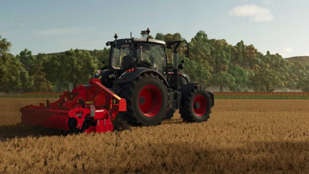 Farming Simulator 25 mod: a black tractor with red attachments working in a field, part of the Kuhn DC Pack v1.0.0.0.