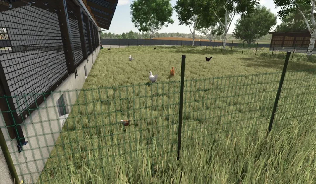 Large Chickenbarn v1.1.0.0 from FS25 mods in Farming Simulator 25, showcasing a chicken enclosure with hens and roosters.