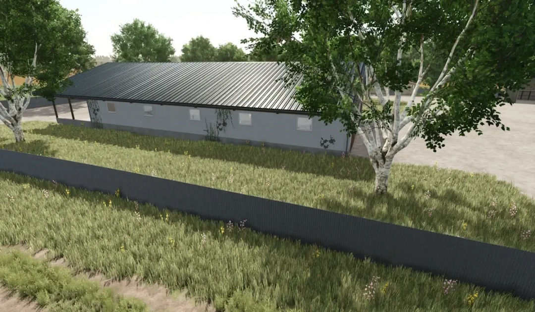 Farming Simulator 25 mod: Large Chickenbarn v1.1.0.0 in FS25 with trees and fencing.