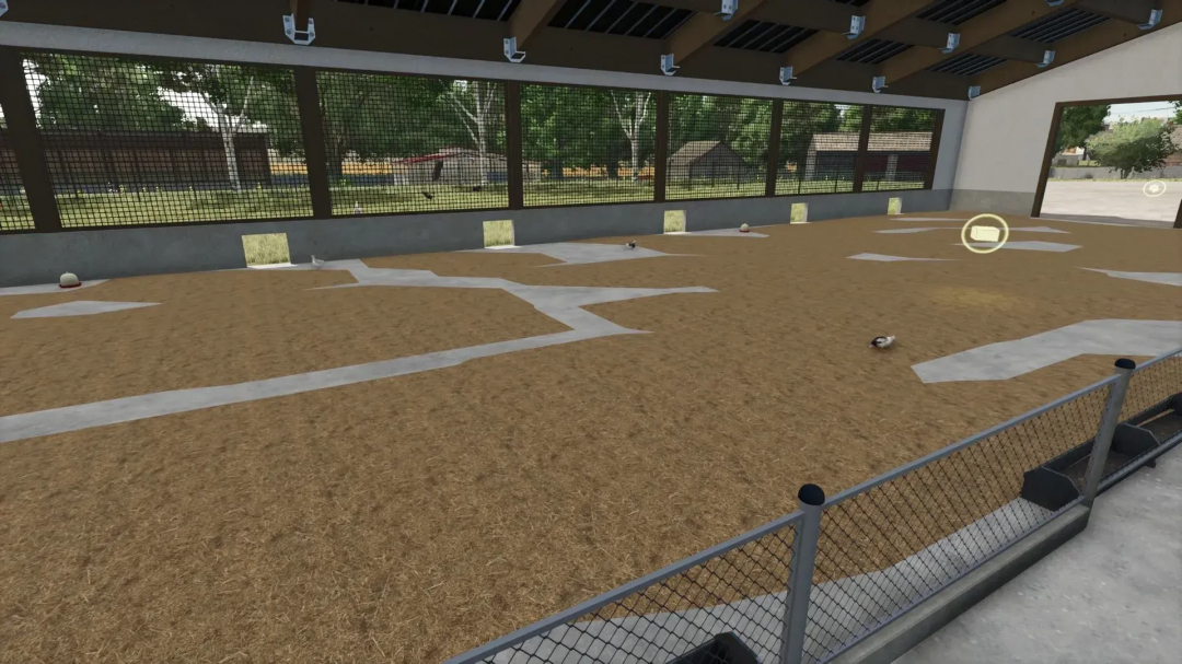 Inside view of a livestock pen in Farming Simulator 25 with a large chicken barn mod, featuring feeding spots and a viewing area.