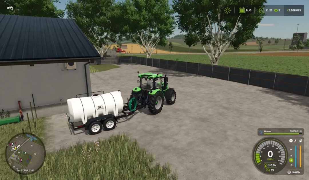 Farming Simulator 25 mod: tractor with water tank attached to large chicken barn for farming needs.
