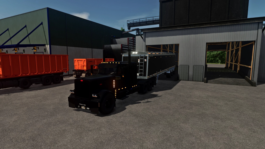FS25 mod: Black logistics pallet warehouse truck parked outside with orange trailers in the background, part of Farming Simulator 25 mods.