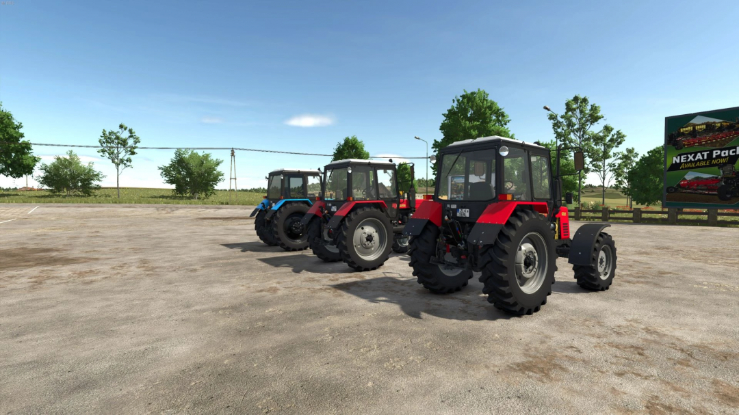 Three tractors from the MTZ Belarus 800-1000 Series Pack v1.0.0.0 mod in Farming Simulator 25, displayed in a farmyard setting.