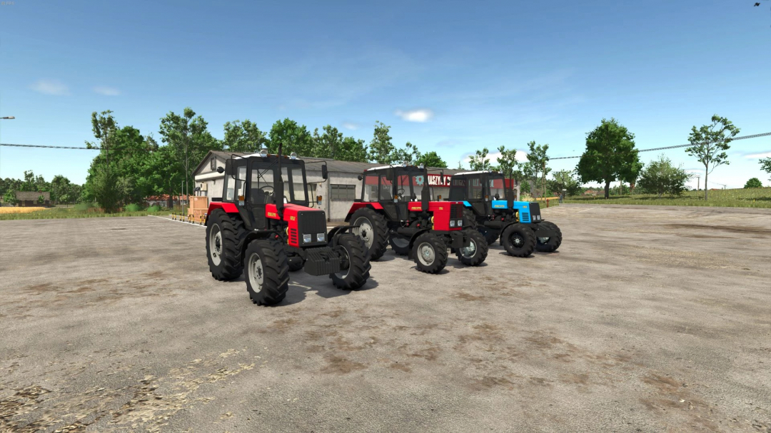 Farming Simulator 25 mods featuring a pack of three MTZ Belarus 800-1000 tractors on a farm yard, enhancing gameplay realism in FS25.