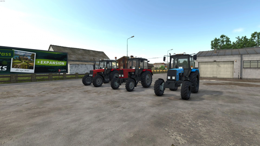 Three tractors in Farming Simulator 25 with the MTZ Belarus 800-1000 Series Pack mod installed.