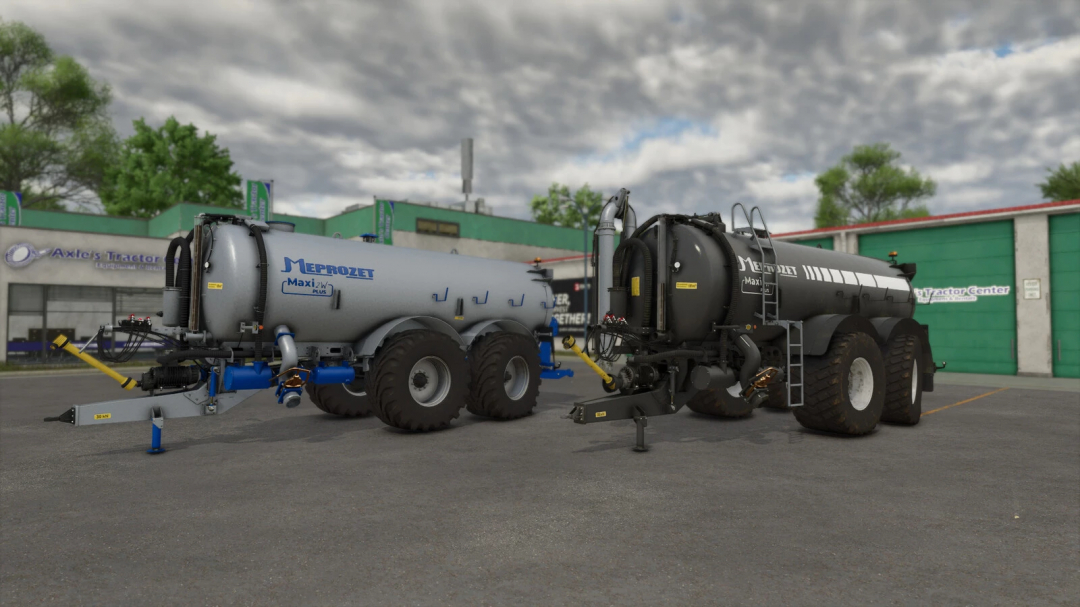 Two Meprozet PN-180 2W Plus water tankers from Farming Simulator 25 mods parked outside an equipment center.