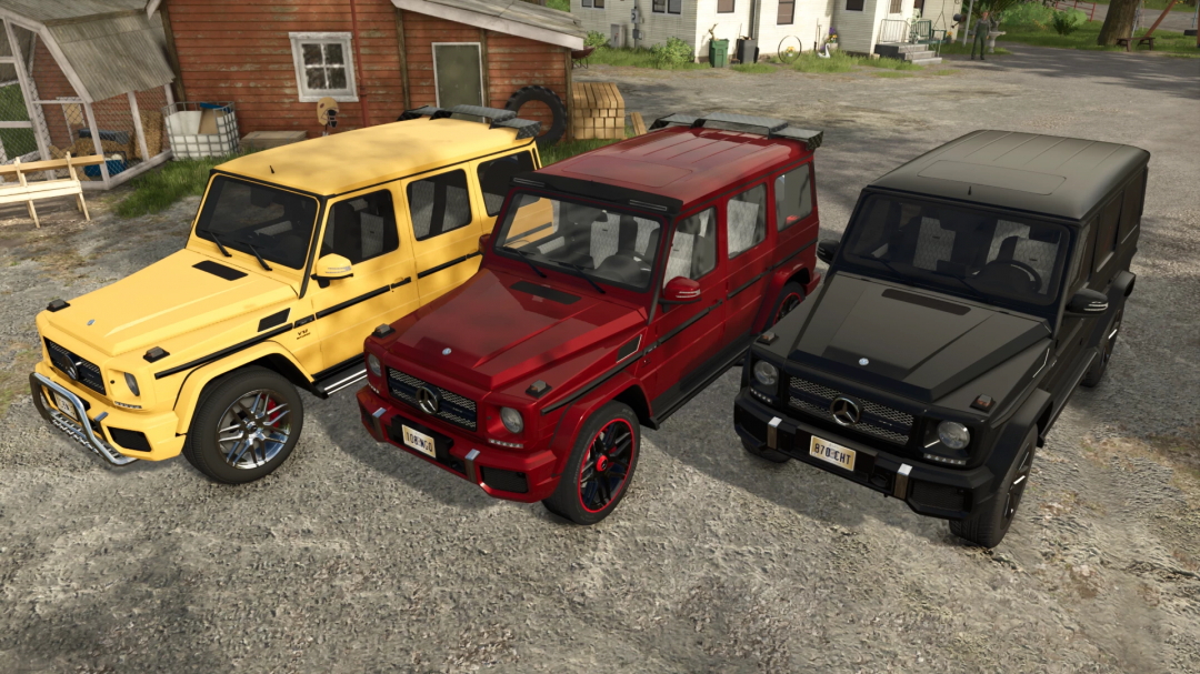 Three Mercedes Benz G65 AMG vehicles from Farming Simulator 25 mods, parked on a dirt surface in front of a rural building.