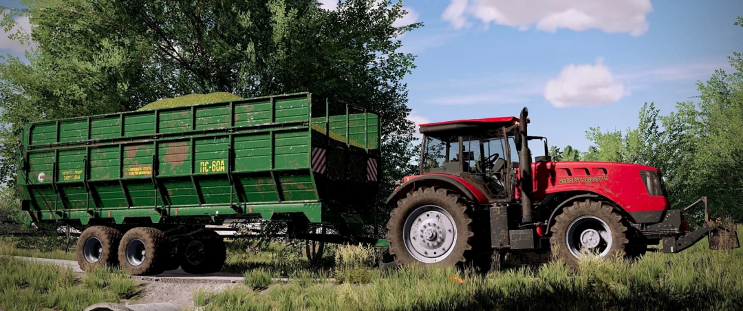 Farming Simulator 25 mod image showing a red Belarus tractor attached to a green forage wagon, used in FS25 farming activities.