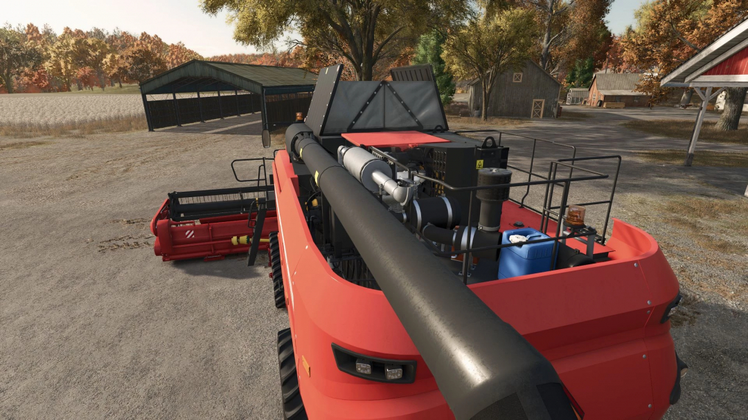 Farming Simulator 25 mod: close-up of Palesse GS3219 harvester with detailed engine and equipment on a farm.