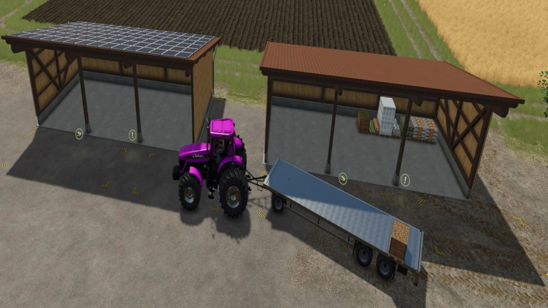 Farming Simulator 25 mod: Pallet warehouse v1.0.0.0 with solar panels and storage for pallets, suitable for FS25 gameplay.