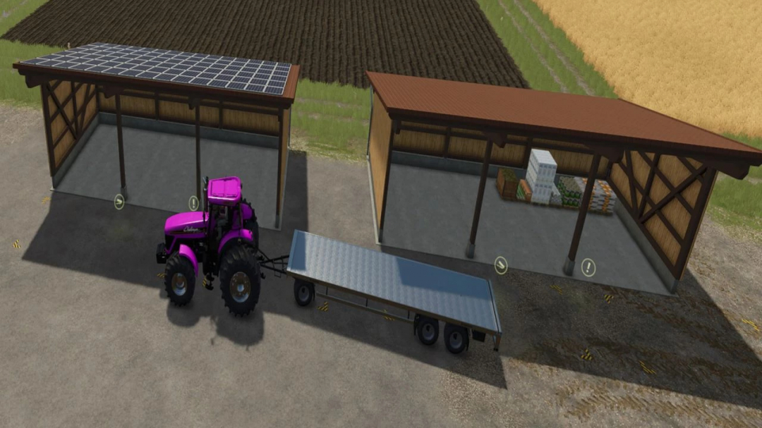Farming Simulator 25 mods: Pallet warehouse with solar panels, storage sheds, and a trailer for farm logistics.