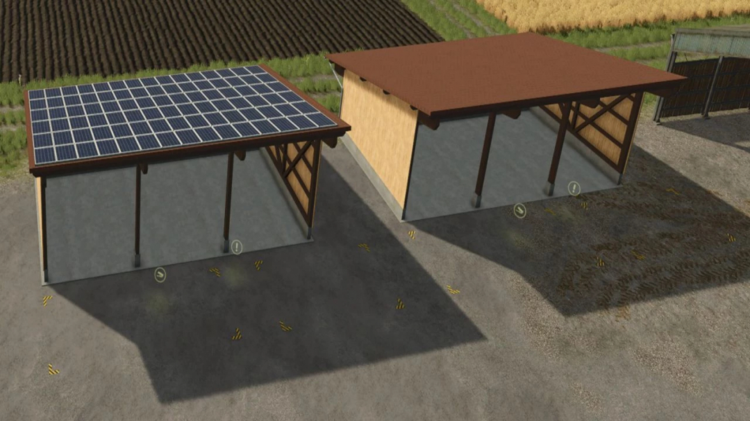Farming Simulator 25 mod: Pallet warehouse v1.0.0.0 with solar panels and open structure for storage.