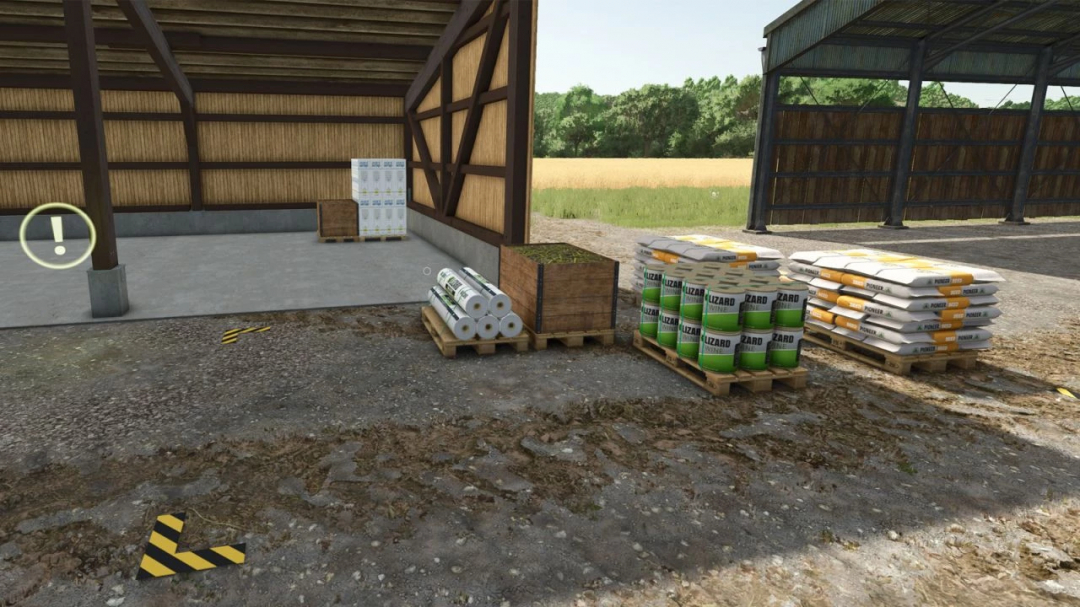 Farming Simulator 25 mod image showing a pallet warehouse with stacked sacks, rolls, and pallets of fertilizers and supplies.