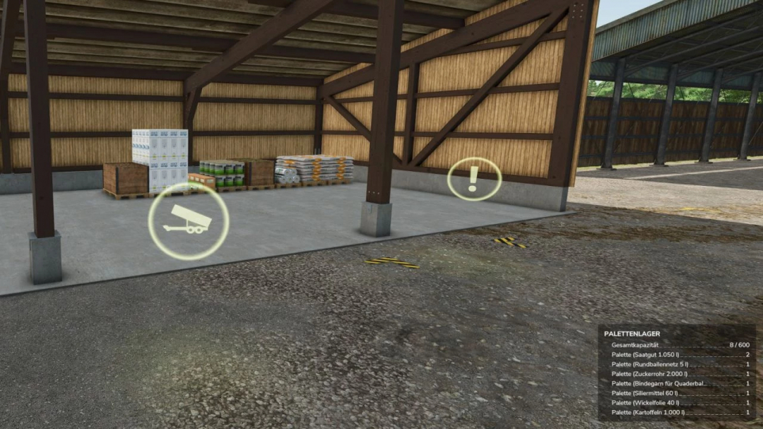 Farming Simulator 25 mod image showing a pallet warehouse with storage pallets, part of FS25 mods.