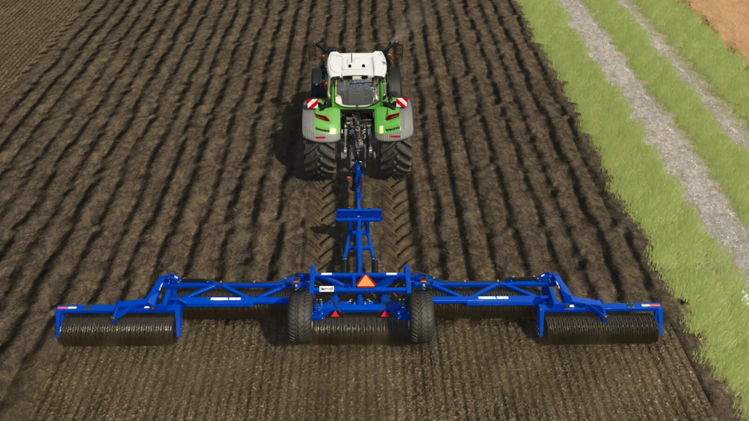 Farming Simulator 25 mod showing a tractor with PowerRoll 1230 HD v1.0.0.0 implement on tilled soil for field preparation.