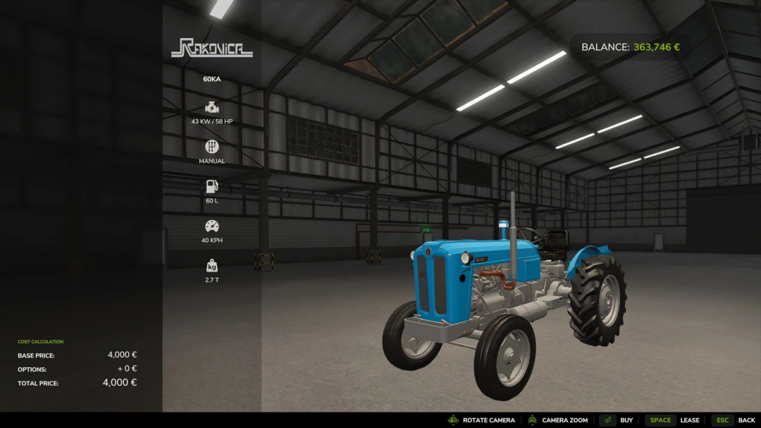 Farming Simulator 25 mod: Rakovica 60 tractor with 43 HP, manual transmission, 60L fuel, 40 KPH max speed, shown in a warehouse interior.