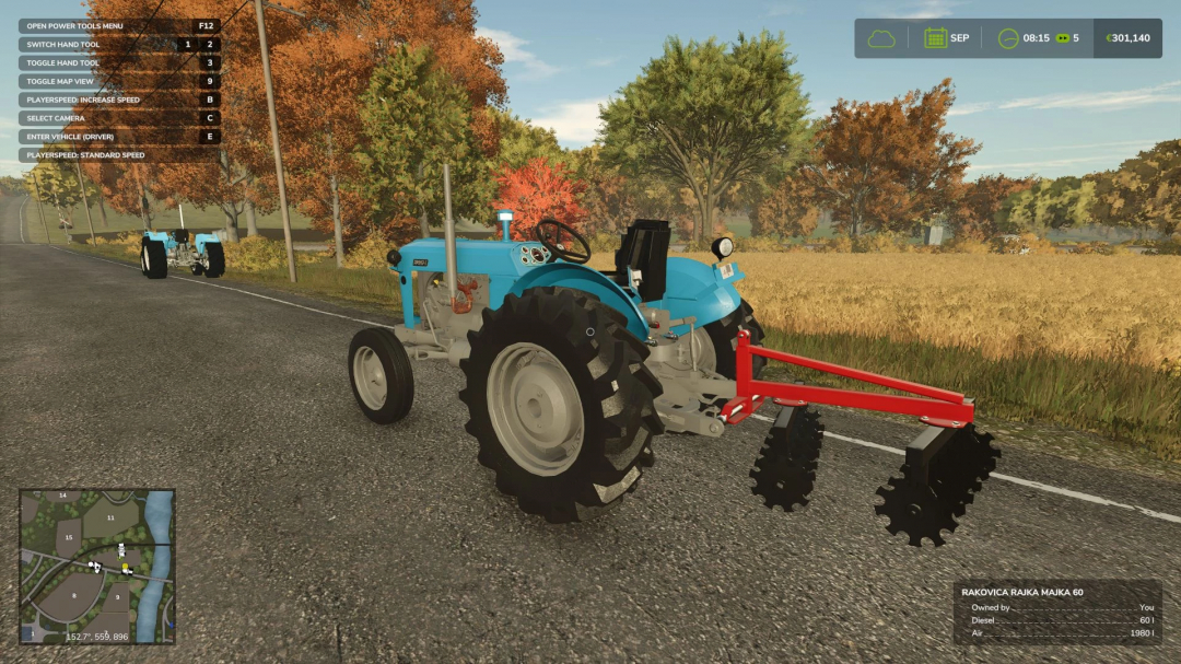 Rakovica 60 v1.0.0.0 tractor mod for Farming Simulator 25 on autumn road with trees in background.