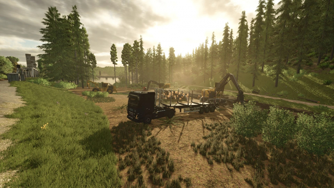 Farming Simulator 25 mod: Logging scene with trucks and machinery in a forest setting, part of the Riverbend Springs Forest v1.0.0.1 mod.