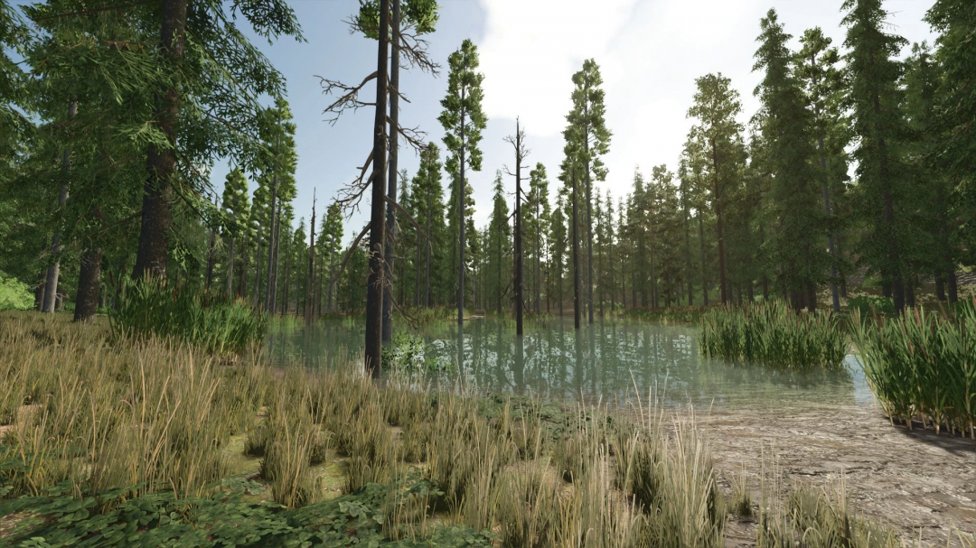 In-game landscape from Farming Simulator 25 mods, featuring a forested area with a pond, trees, and lush vegetation, compatible with Riverbend Springs Forest v1.0.0.1.