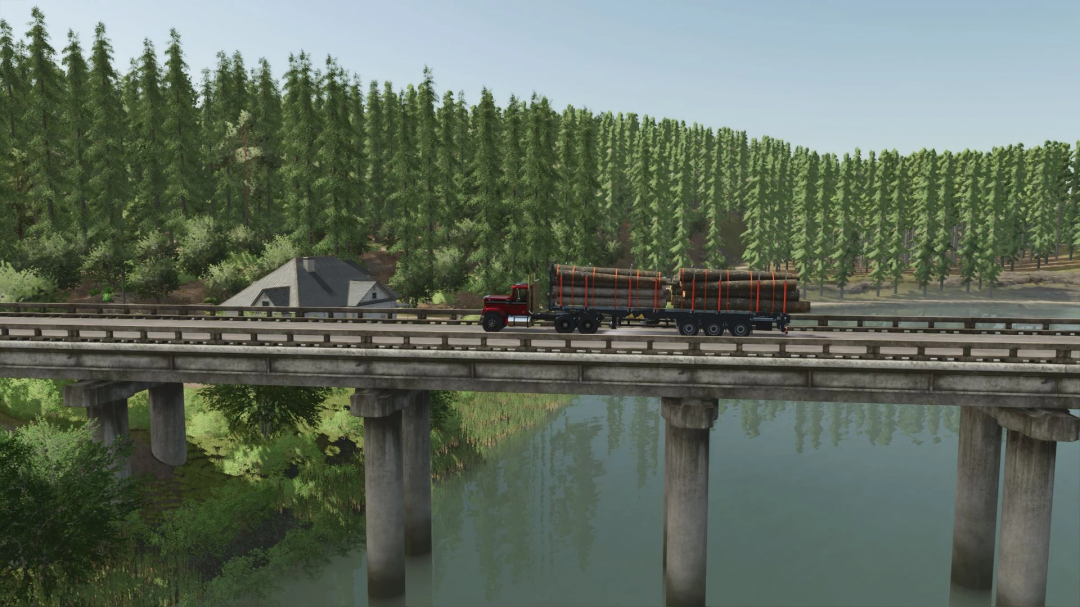 In Farming Simulator 25 mods, a truck transports logs over a bridge surrounded by forest in the Riverbend Springs Forest v1.0.0.1 mod.