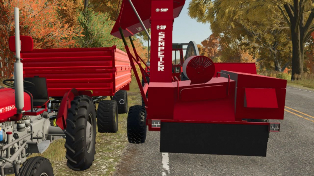 Farming Simulator 25 mod: SIP Tornado 80 grain combine harvester with red design on a countryside road surrounded by trees.