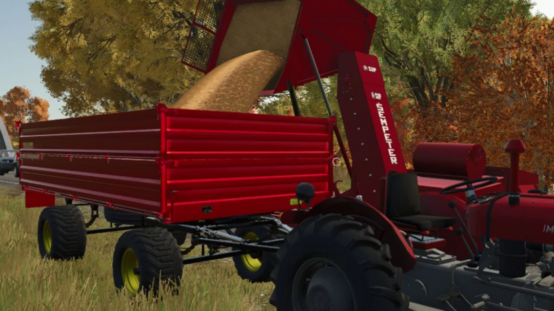 Farming Simulator 25 mod: Sugar beet loader attached to a tractor with a red trailer, part of the SIP Tornado 80 v1.0.0.0 mod.