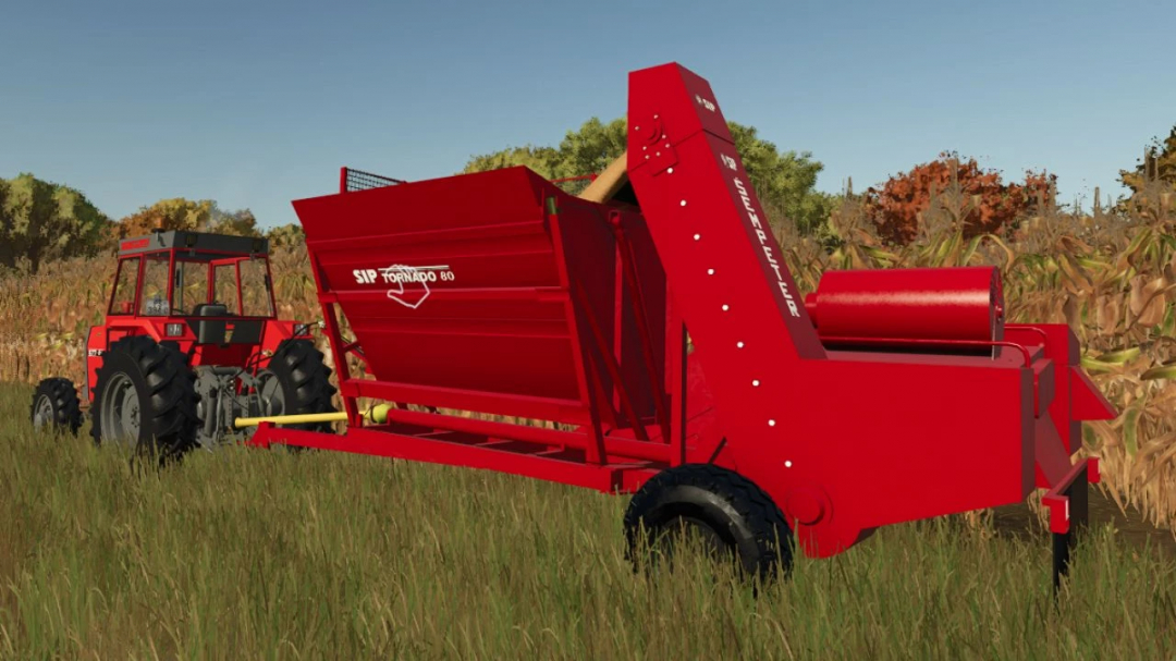 Farming Simulator 25 mods: SIP Tornado 80 v1.0.0.0, a large red forage harvester attachment for crop processing in FS25.