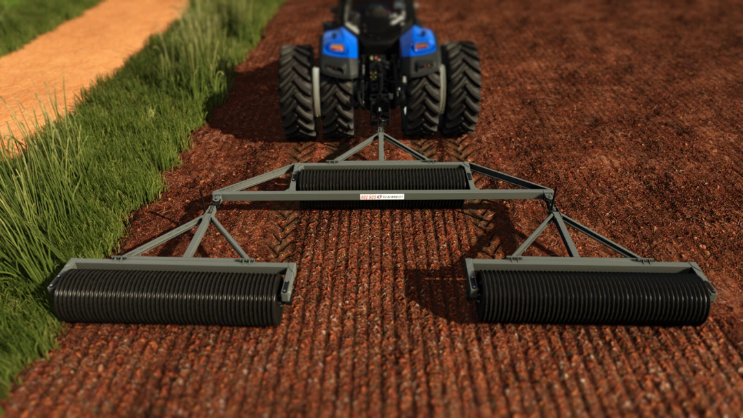 Farming Simulator 25 mod: Scarabelot RDS900 Clod Crusher/Compactor on soil, used for farming and field preparation.